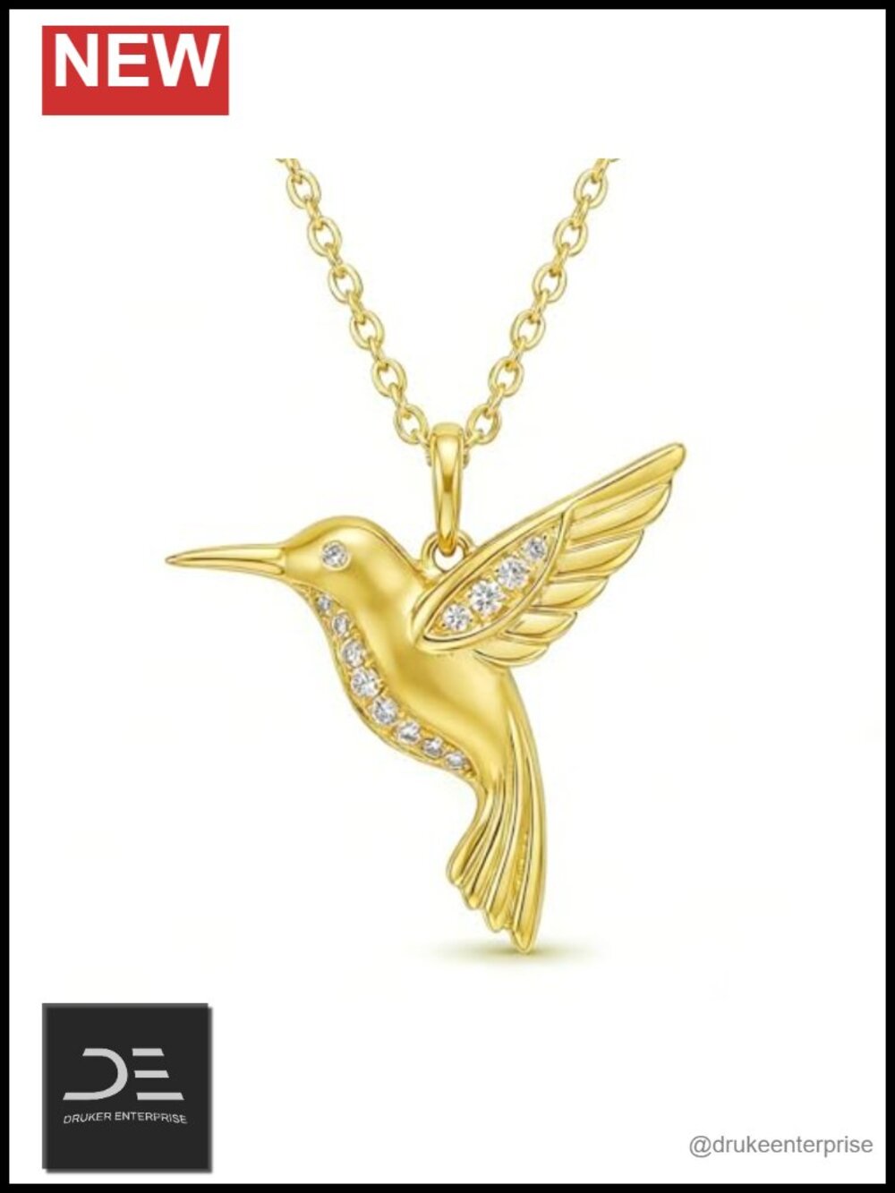 14K Gold Hummingbird Pendant Necklace with Cubic Zirconia, Fine Animal Jewelry